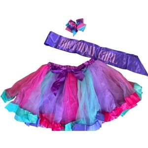 K-Acc Girls Birthday Outfit Tutu Skirt Birthday Girl Sash Hair Bow Rainbow 9-10Y